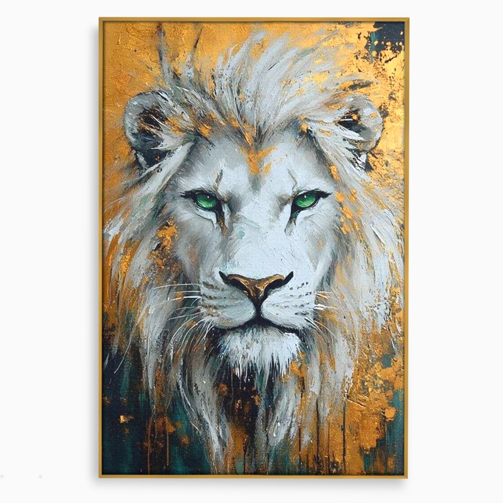 Tablou canvas cu tablou canvas cu leu alb si ochi verzi, in rama de aluminiu auriu